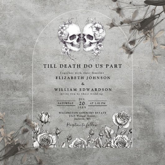 Bis zum Tod gotische Blumenschädel Hochzeitsarsch Acryleinladungen