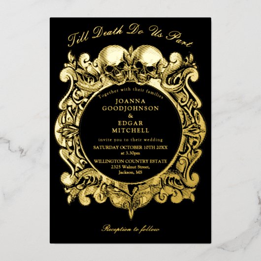 Bis zum Tod gotisches Foto Hochzeit Schwarz und Go Folieneinladung (Vorderseite)