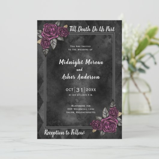 Bis zum Tod machen wir Teil Black Wedding Einladun Einladung (Stehend Vorderseite)