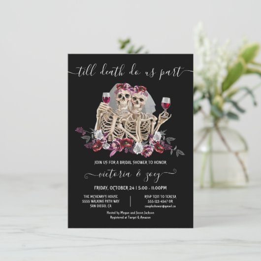 Bis zum Tod machen wir Teil Goth Skeleton Brides H Einladung (Stehend Vorderseite)