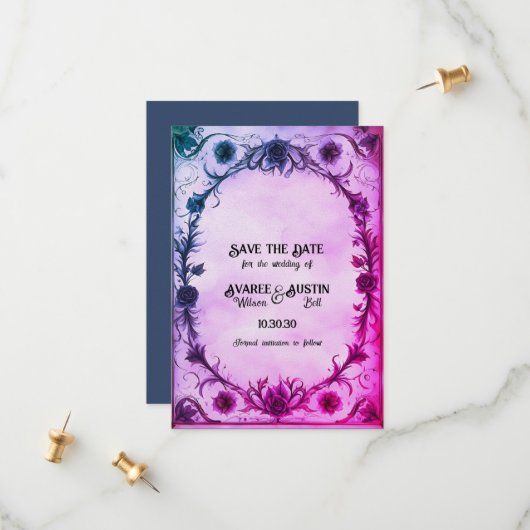 Bis zum Tod machen wir Teil gotische Hochzeit Save The Date (Vorderseite/Rückseite Beispiel)