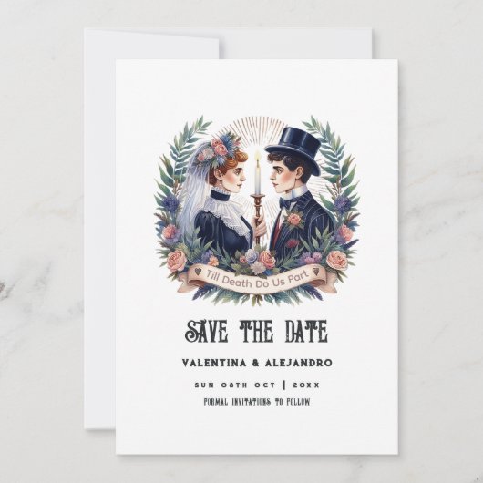 "Bis zum Tod machen wir Teil" Gotisches Foto Save The Date (Vorderseite)