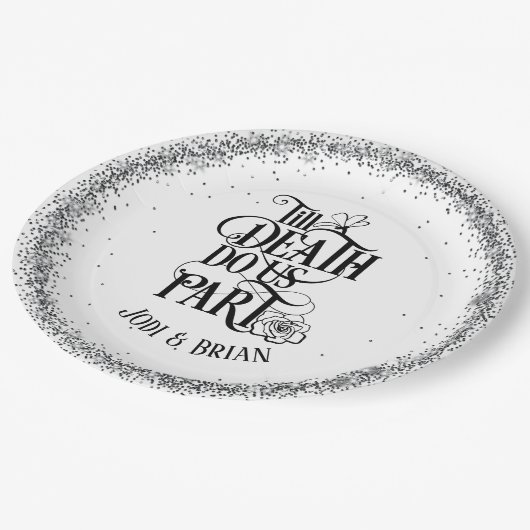 Bis zum Tod machen wir Teil Halloween Hochzeit Pappteller (Schrägansicht)