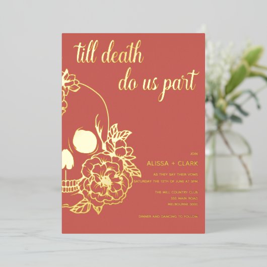 Bis zum Tod machen wir Teil moderne Schädelhochzei Folieneinladung (Stehend vorne)