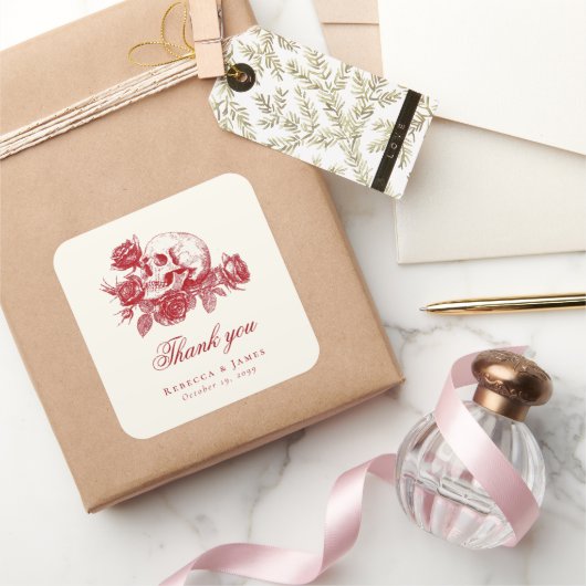 Bis zum Tod Red Skull Rose Gothic Wedding Quadratischer Aufkleber (Schenken)