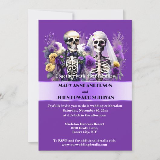 Bis zum Tod teilen wir lila gelbe Rosenbridale Einladung (Vorderseite)