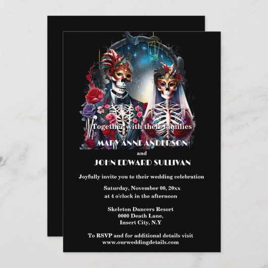 Bis zum Tod teilen wir masquerade Skelett Paar Einladung (Vorne/Hinten)