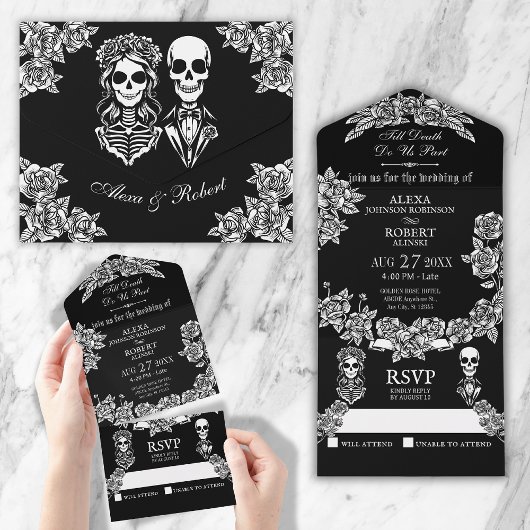 Bis zum Tod teilen wir Rose Skelett Hochzeit All In One Einladung