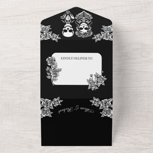 Bis zum Tod teilen wir Rose Skelett Hochzeit All In One Einladung (Außenbereich)