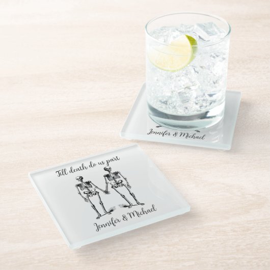 Bis zum Tod teilen wir Skeleton Couple Name Black Glasuntersetzer (Schrägansicht)