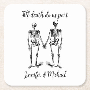 Bis zum Tod teilen wir Skeleton Couple Name Black Rechteckiger Pappuntersetzer