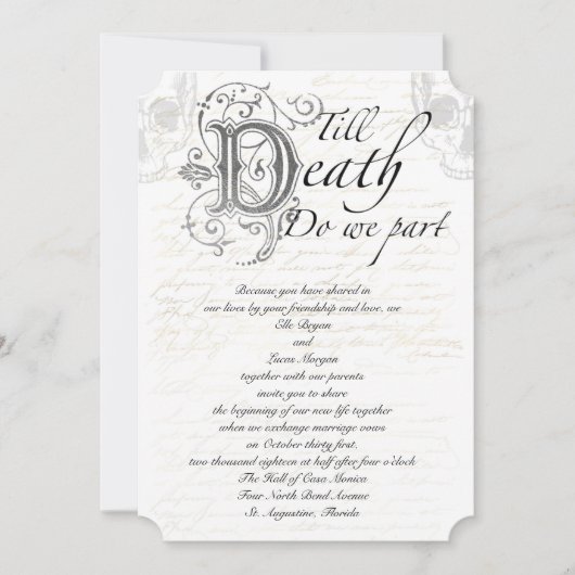 Bis zum Tod teilen wir Skull Script Hochzeit Einladung (Vorderseite)