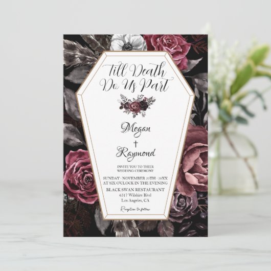 Bis zum Tod tun uns Teil florales Elegant Goth Wed Einladung (Stehend Vorderseite)