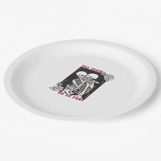 Bis zum Tod tun uns Teil Hochzeit Skelett Couple V Pappteller (Schrägansicht)