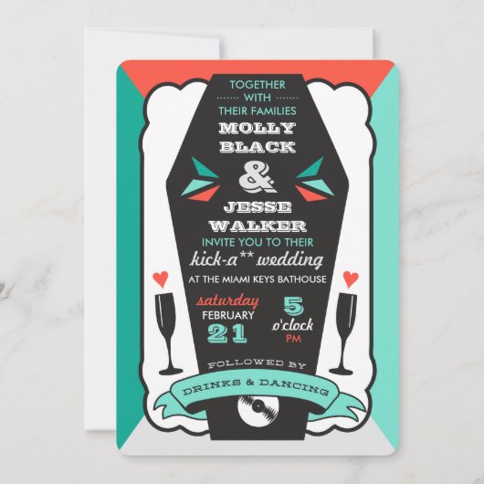 Bis zum Tod - türkisfarbene und orangefarbene Hoch Einladung (Rückseite)