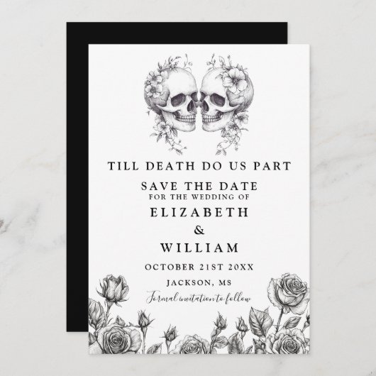 Bis zum Tode Gothic Skulls Blumenhochzeit Save The Date (Vorne/Hinten)