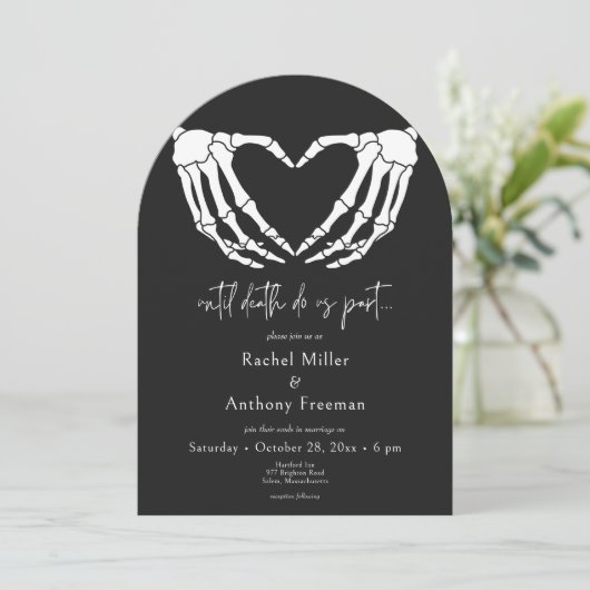 Bis zum Tode Skeleton Hand Arch Hochzeit zwei Seit Einladung (Stehend Vorderseite)