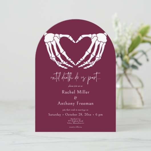 Bis zum Tode Skeleton Hand Arch Hochzeit zwei Seit Einladung (Stehend Vorderseite)