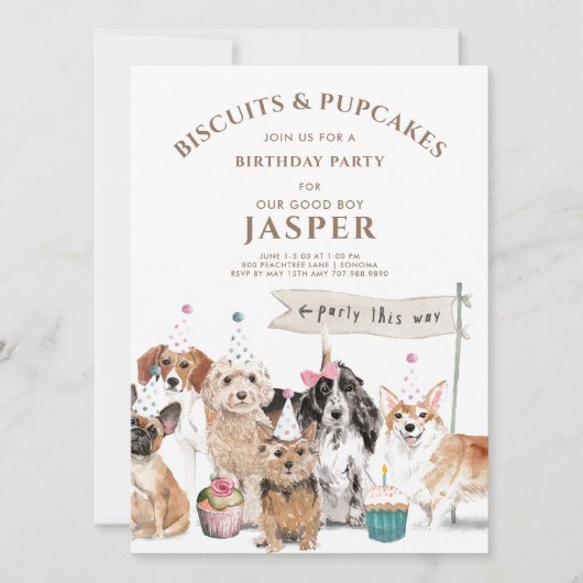 Biscuits & Pup Cakes Hunde Geburtstagsparty Einladung (Vorderseite)
