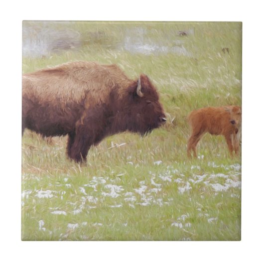Bison and Calf in Yellowstone Fliese (Vorderseite)