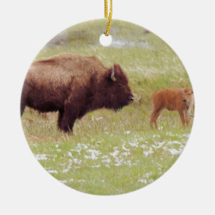 Bison and Calf in Yellowstone Keramik Ornament