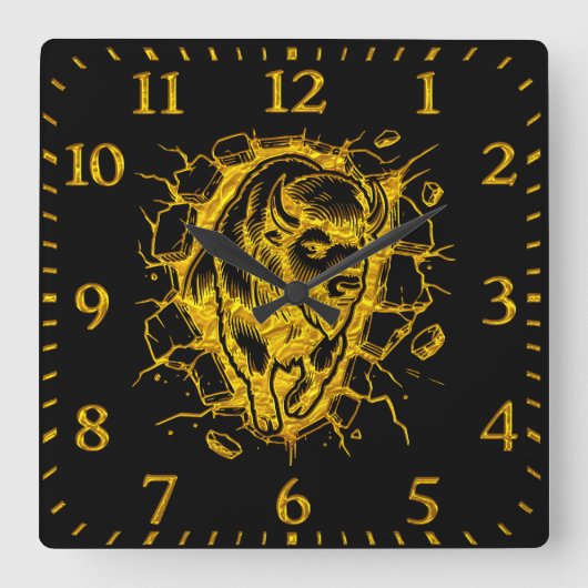Bison bricht durch eine Mauer Quadratische Wanduhr (Vorderseite)