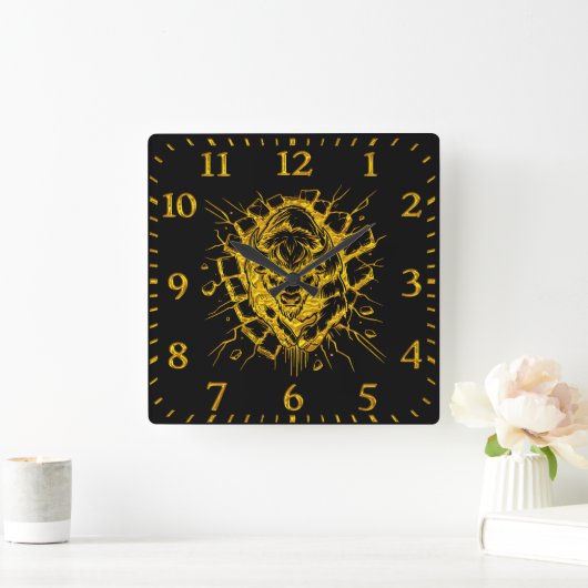 Bison bricht durch eine Wand in einem dynamischen  Quadratische Wanduhr (Zuhause)