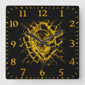 Bison bricht durch eine Wand in einem dynamischen  Quadratische Wanduhr (Vorderseite)