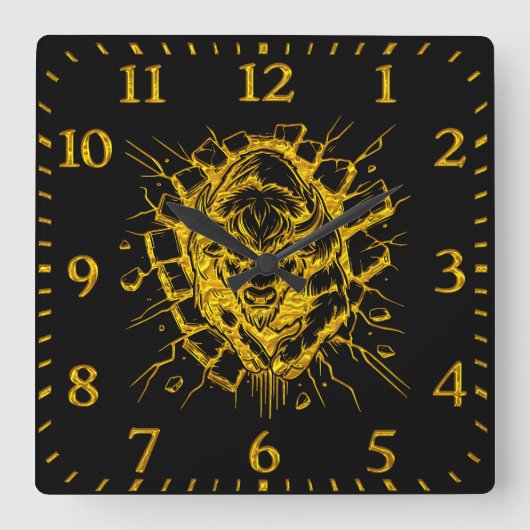 Bison bricht durch eine Wand in einem dynamischen Quadratische Wanduhr (Vorderseite)