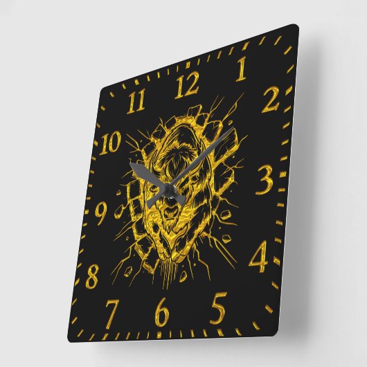 Bison bricht durch eine Wand in einem dynamischen  Quadratische Wanduhr (Winkel)