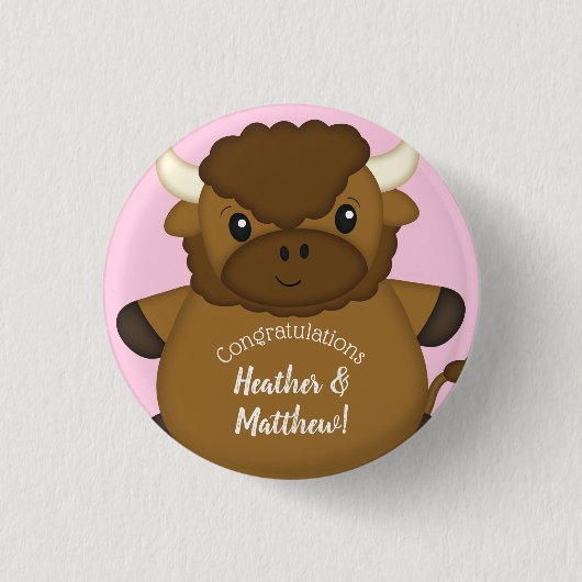 Bison Buffalo Baby Dusche Rosa Button (Vorderseite)