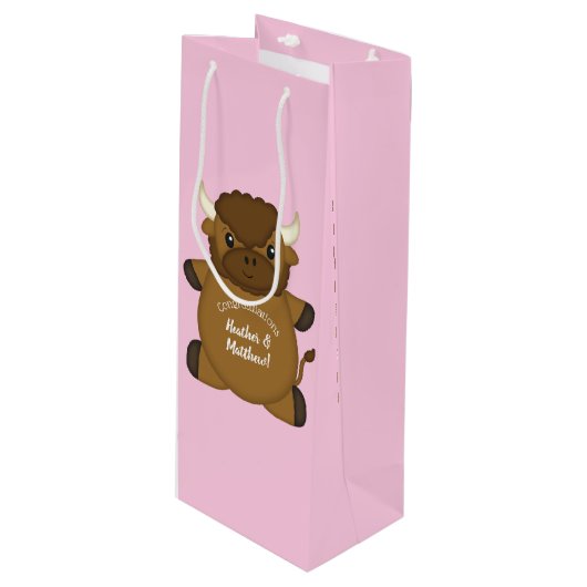 Bison Buffalo Baby Dusche Rosa Geschenktüte Für Weinflaschen (Vorderseite Schrägansicht)