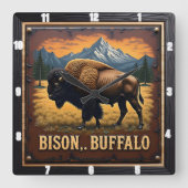Bison Buffalo Buffalo im Grünen Quadratische Wanduhr (Vorderseite)