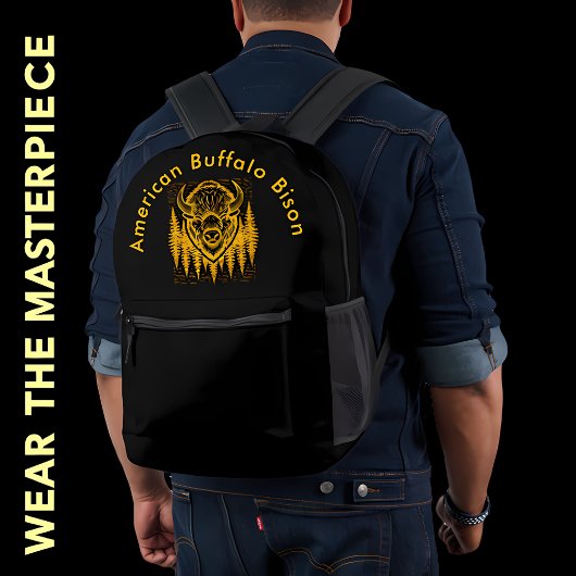 Bison Buffalo Head Illustration Amid Tall Trees Bedruckter Rucksack