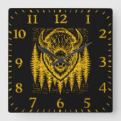 Bison Buffalo Head Illustration Amid Tall Trees Quadratische Wanduhr (Vorderseite)