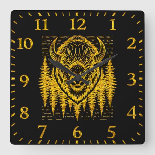 Bison Buffalo Head Illustration Amid Tall Trees Quadratische Wanduhr (Vorderseite)
