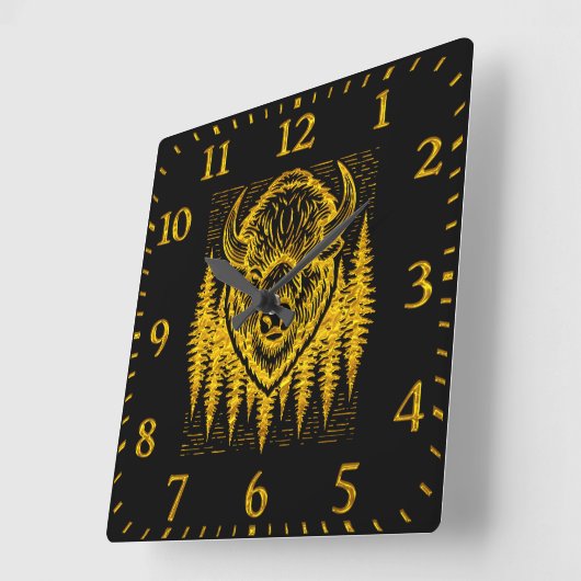 Bison Buffalo Head Illustration Amid Tall Trees Quadratische Wanduhr (Winkel)