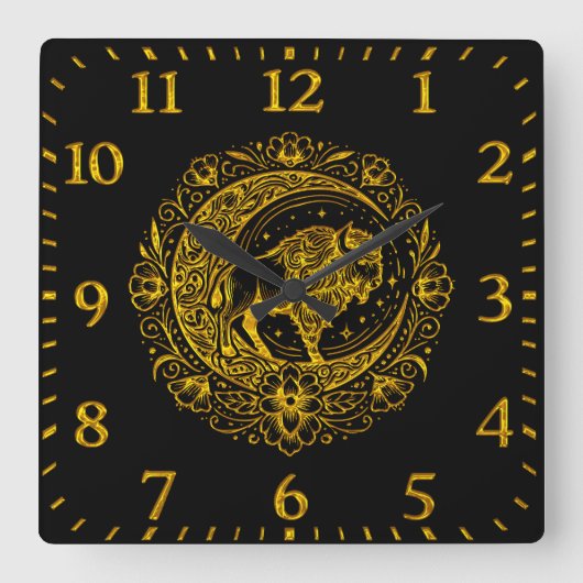Bison Buffalo im komplexen Muster eines Blumendesi Quadratische Wanduhr (Vorderseite)