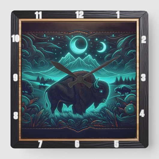 Bison Buffalo Moonlit Neon Bison Quadratische Wanduhr (Vorderseite)