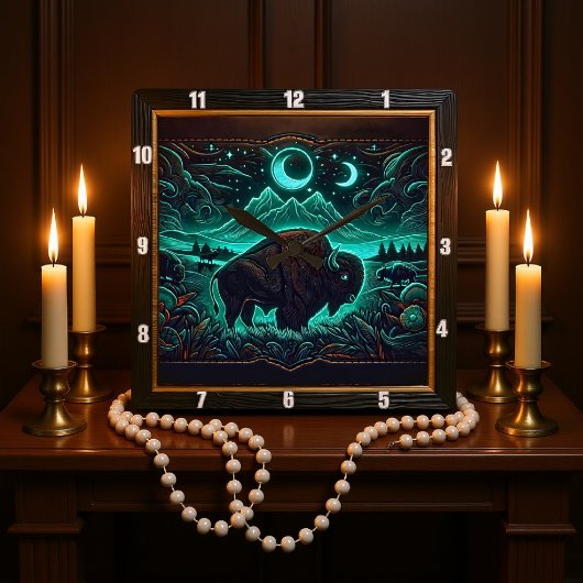 Bison Buffalo Moonlit Neon Bison Quadratische Wanduhr