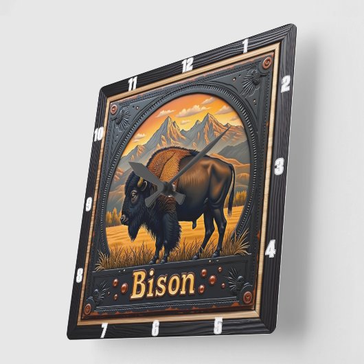 Bison Buffalo Mountain Bison Sunset Quadratische Wanduhr (Winkel)