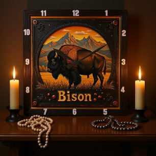 Bison Buffalo Mountain Bison Sunset Quadratische Wanduhr