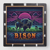 Bison Buffalo Neon Bison Sunset Quadratische Wanduhr (Vorderseite)