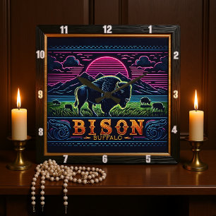 Bison Buffalo Neon Bison Sunset Quadratische Wanduhr