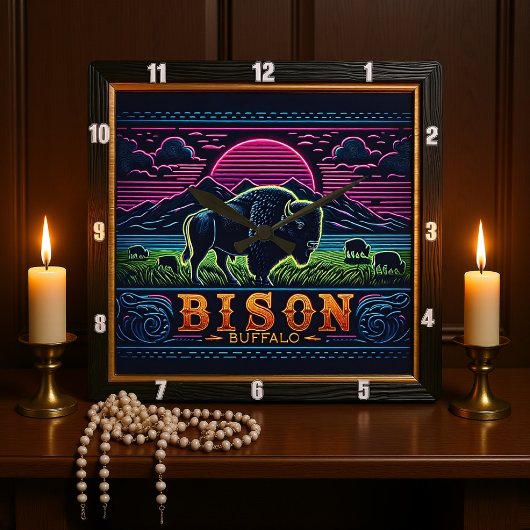 Bison Buffalo Neon Bison Sunset Quadratische Wanduhr