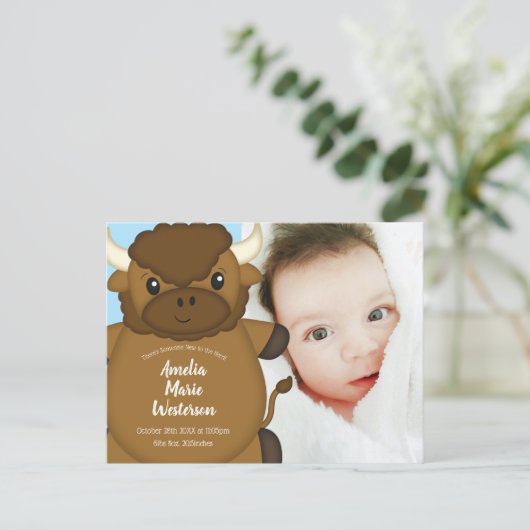 Bison Buffalo New Baby Ankündigung Postkarte (Stehend Vorderseite)