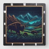 Bison Buffalo Night Bison Journey Quadratische Wanduhr (Vorderseite)