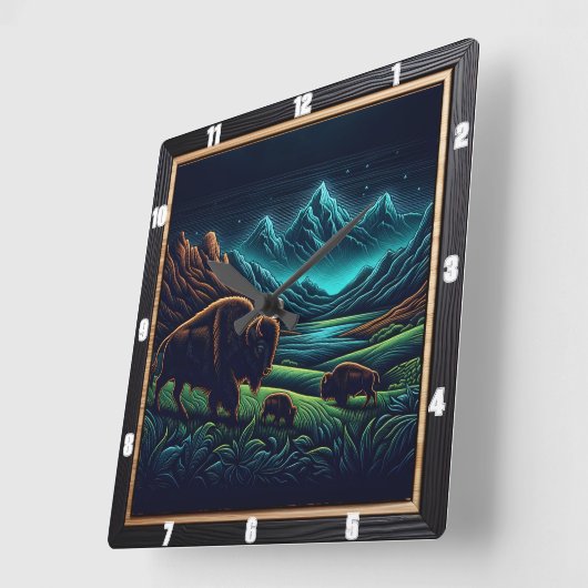 Bison Buffalo Night Bison Journey Quadratische Wanduhr (Winkel)