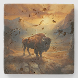 Bison Buffalo Sunset View Travertine Steinuntersetzer