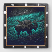 Bison Buffalo Tooled Aquamarin Bison Quadratische Wanduhr (Vorderseite)